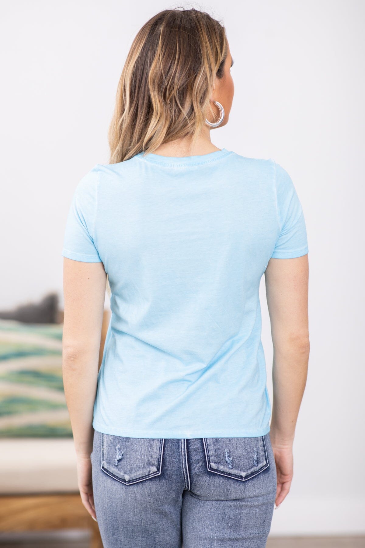 Baby Blue Washed Crew Neck Short Sleeve Top - Filly Flair