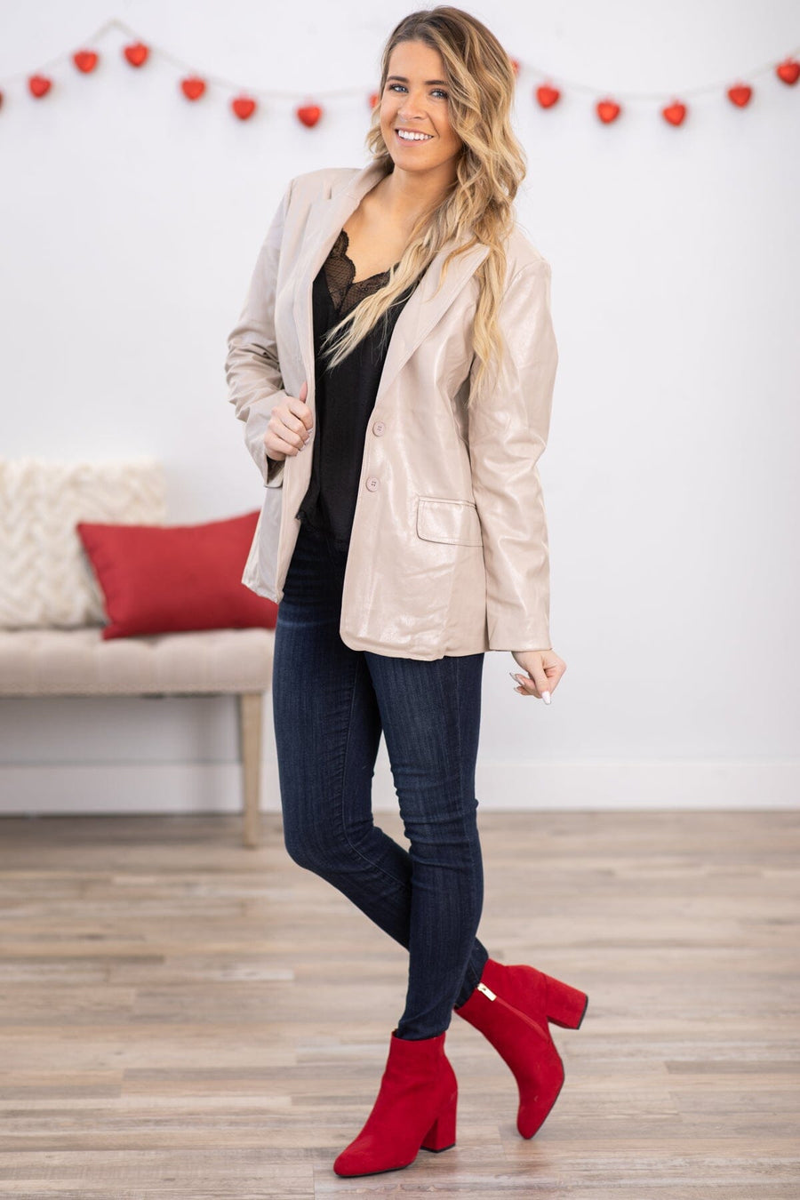 Beige Faux Leather Blazer - Filly Flair