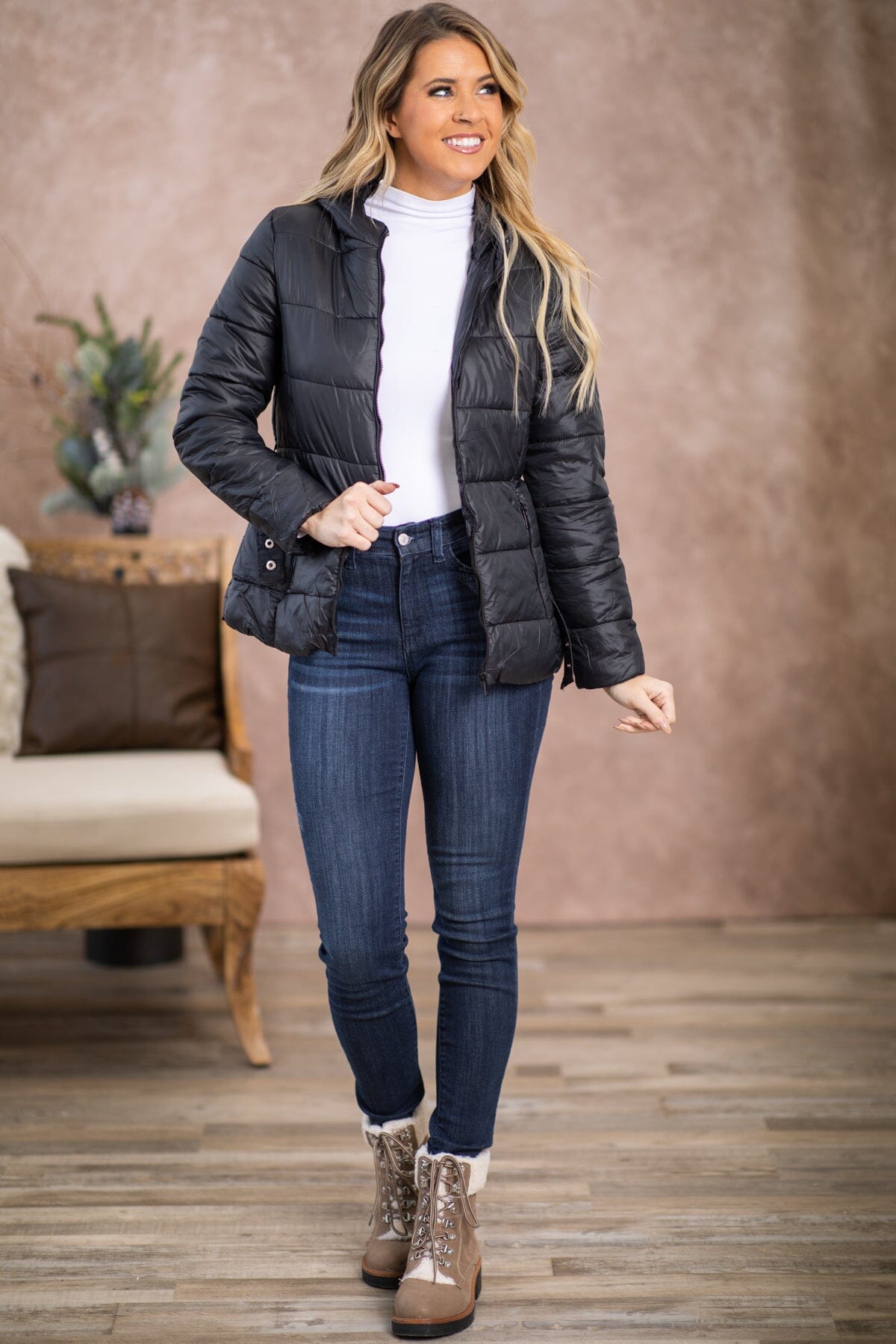 Black Belted Puffer Jacket - Filly Flair