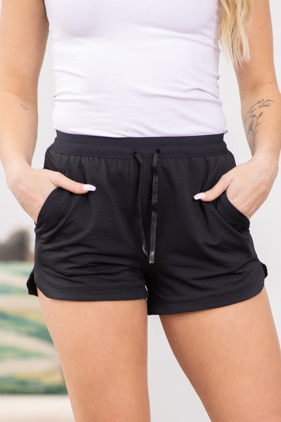 Black Elastic Waist Active Shorts - Filly Flair