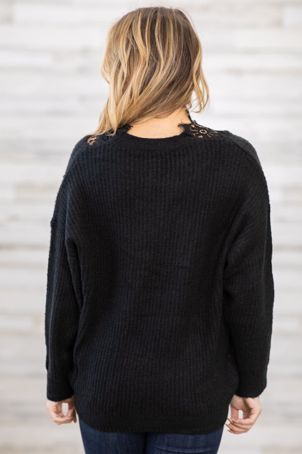 Black Lace Trim Rib Knit Sweater - Filly Flair
