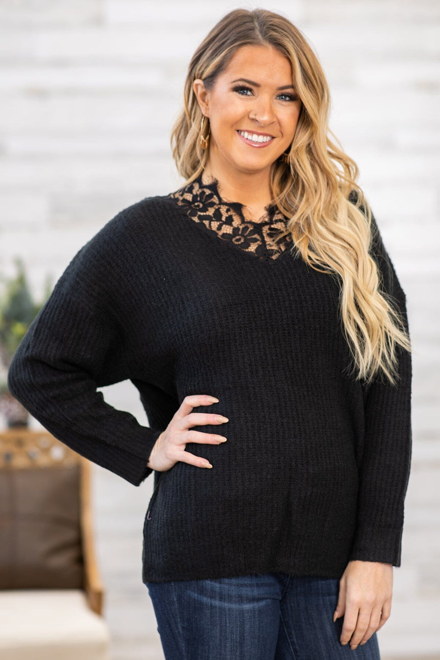 Black Lace Trim Rib Knit Sweater - Filly Flair