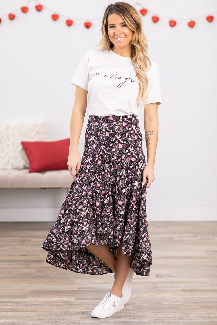 Black Multicolor Floral Hi Lo Midi Skirt - Filly Flair