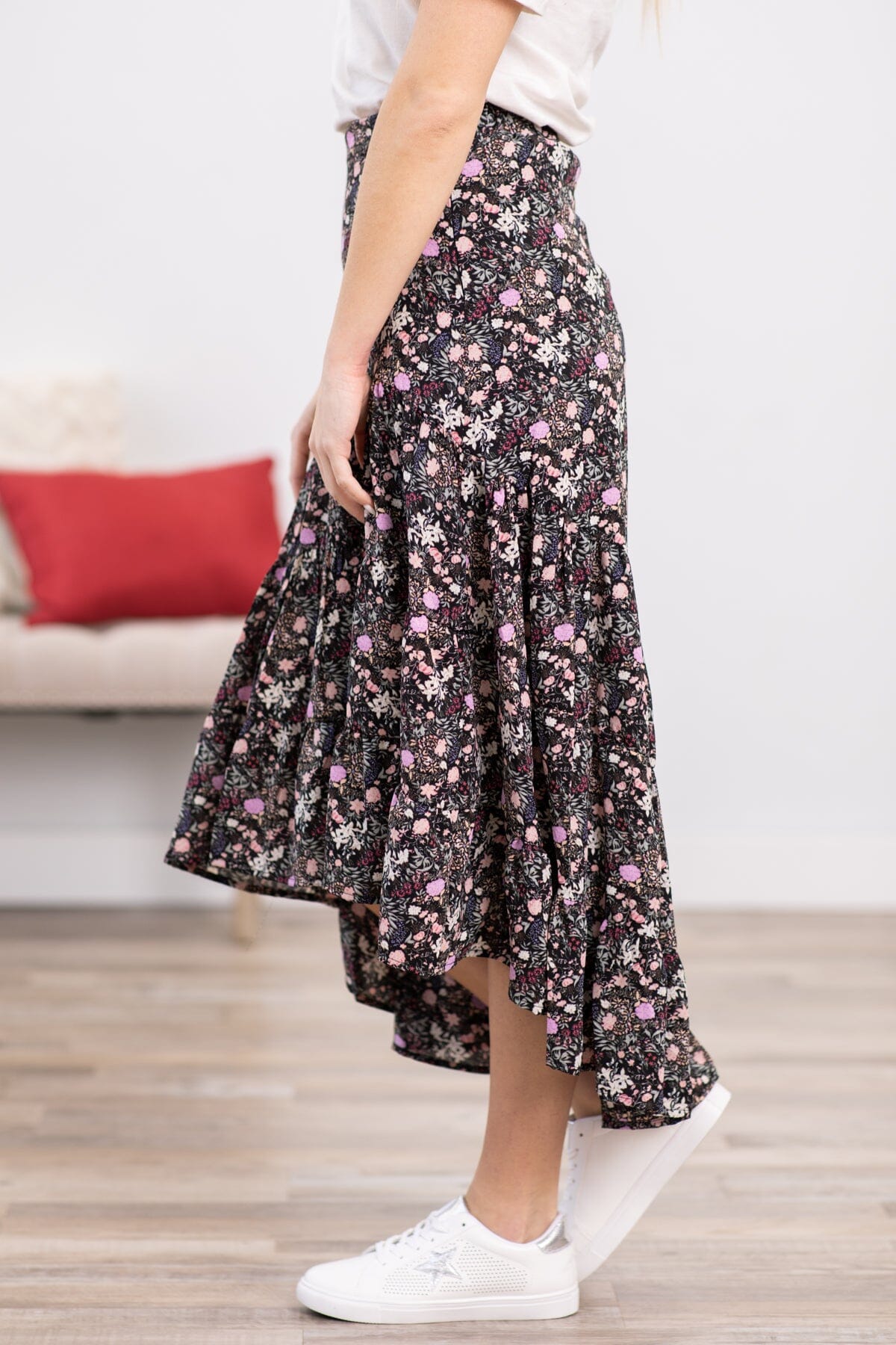 Black Multicolor Floral Hi Lo Midi Skirt - Filly Flair