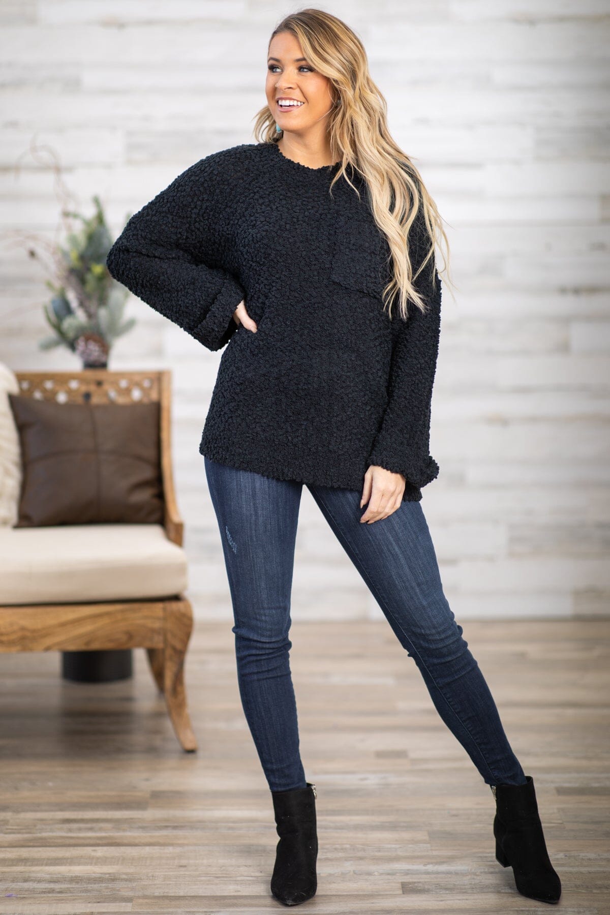 Black Popcorn Cuffed Sleeve Sweater · Filly Flair