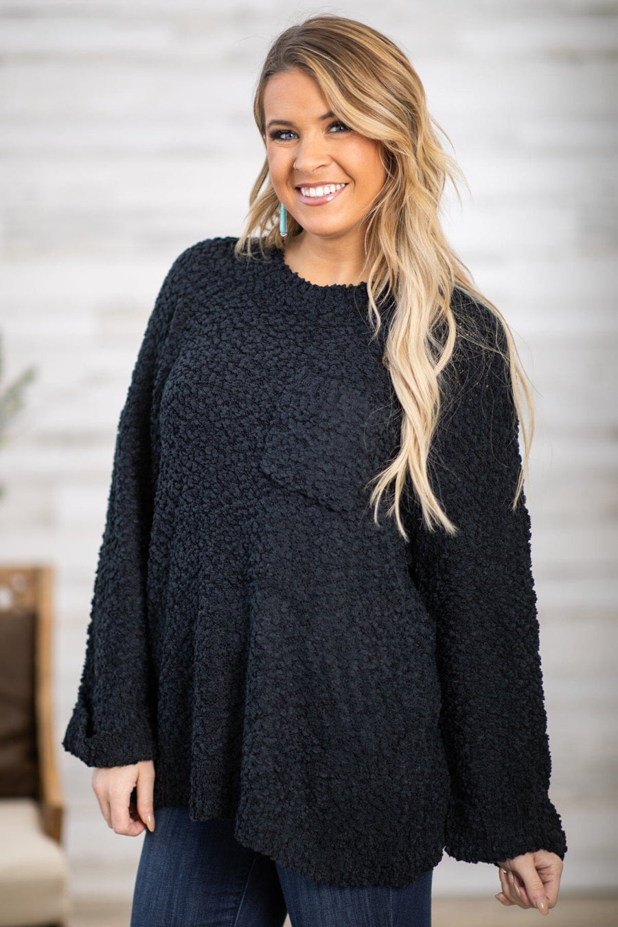 Black Popcorn Cuffed Sleeve Sweater - Filly Flair