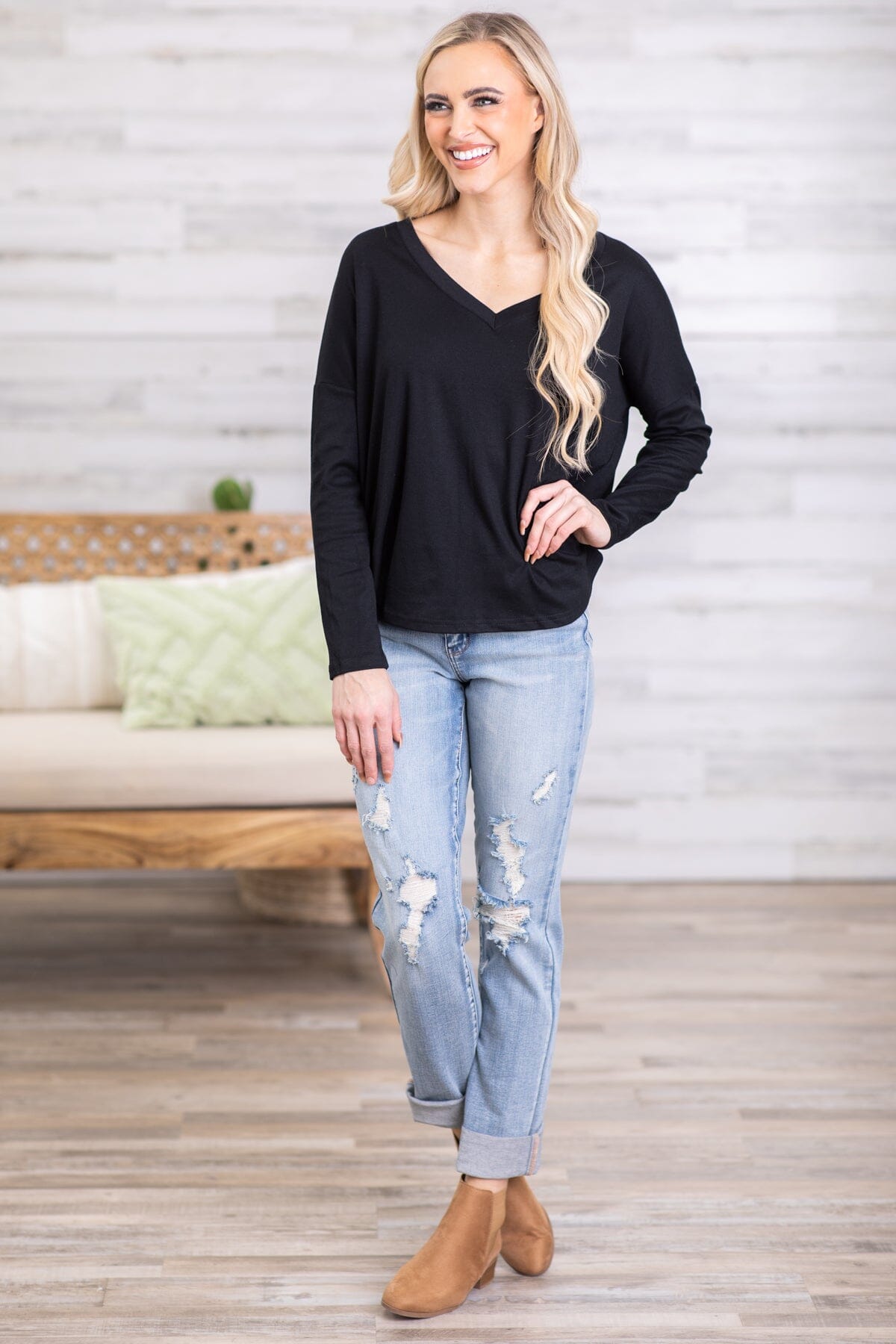 Black V-Neck Long Sleeve Top - Filly Flair