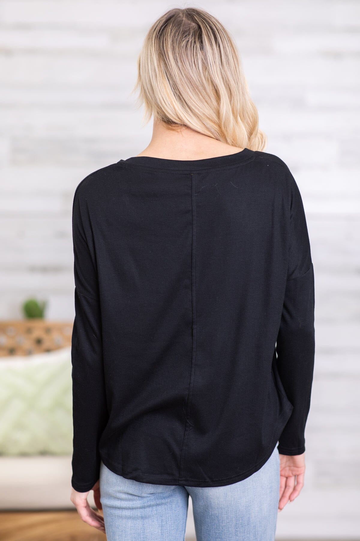 Black V-Neck Long Sleeve Top - Filly Flair