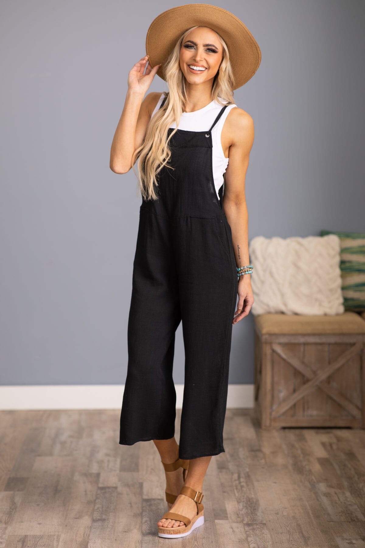 Black Wide Leg Tie Strap Overalls - Filly Flair