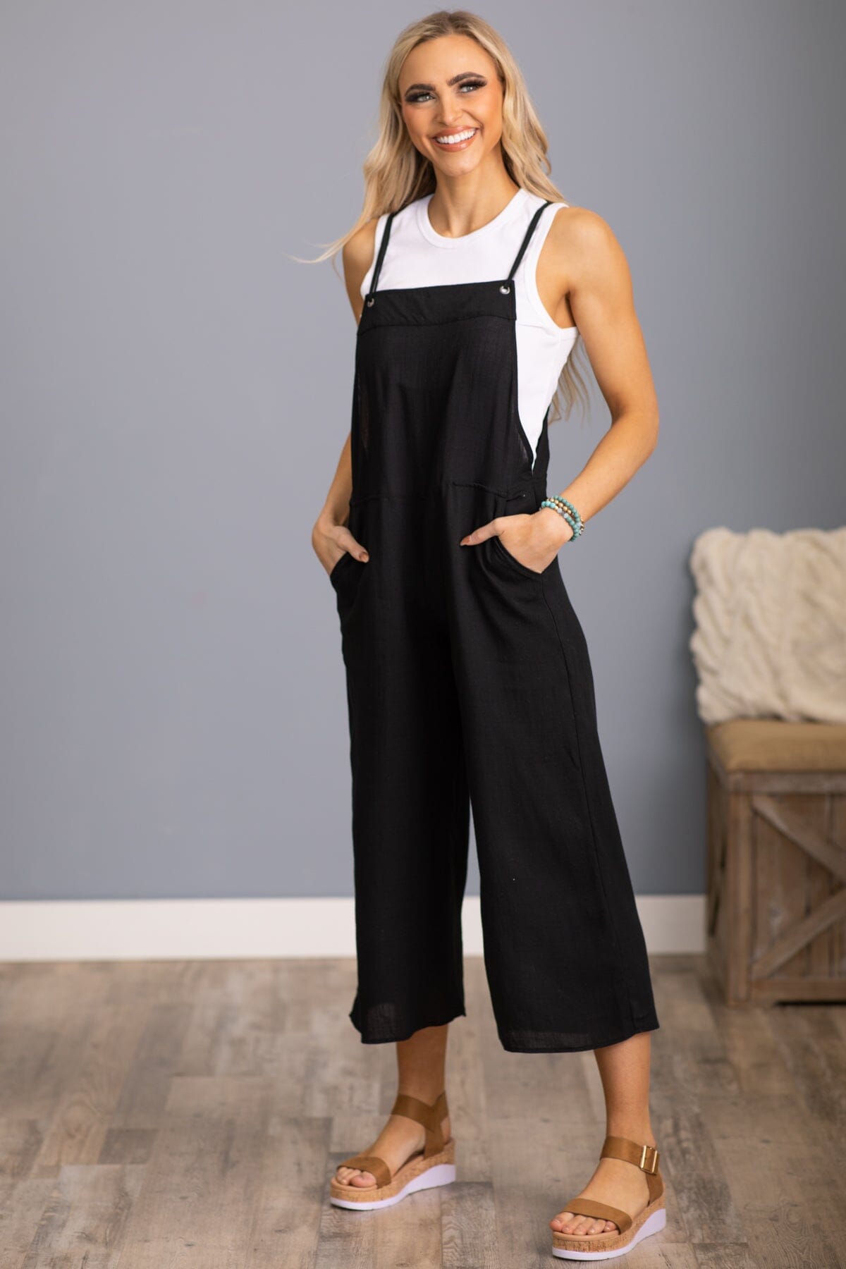 Black Wide Leg Tie Strap Overalls - Filly Flair