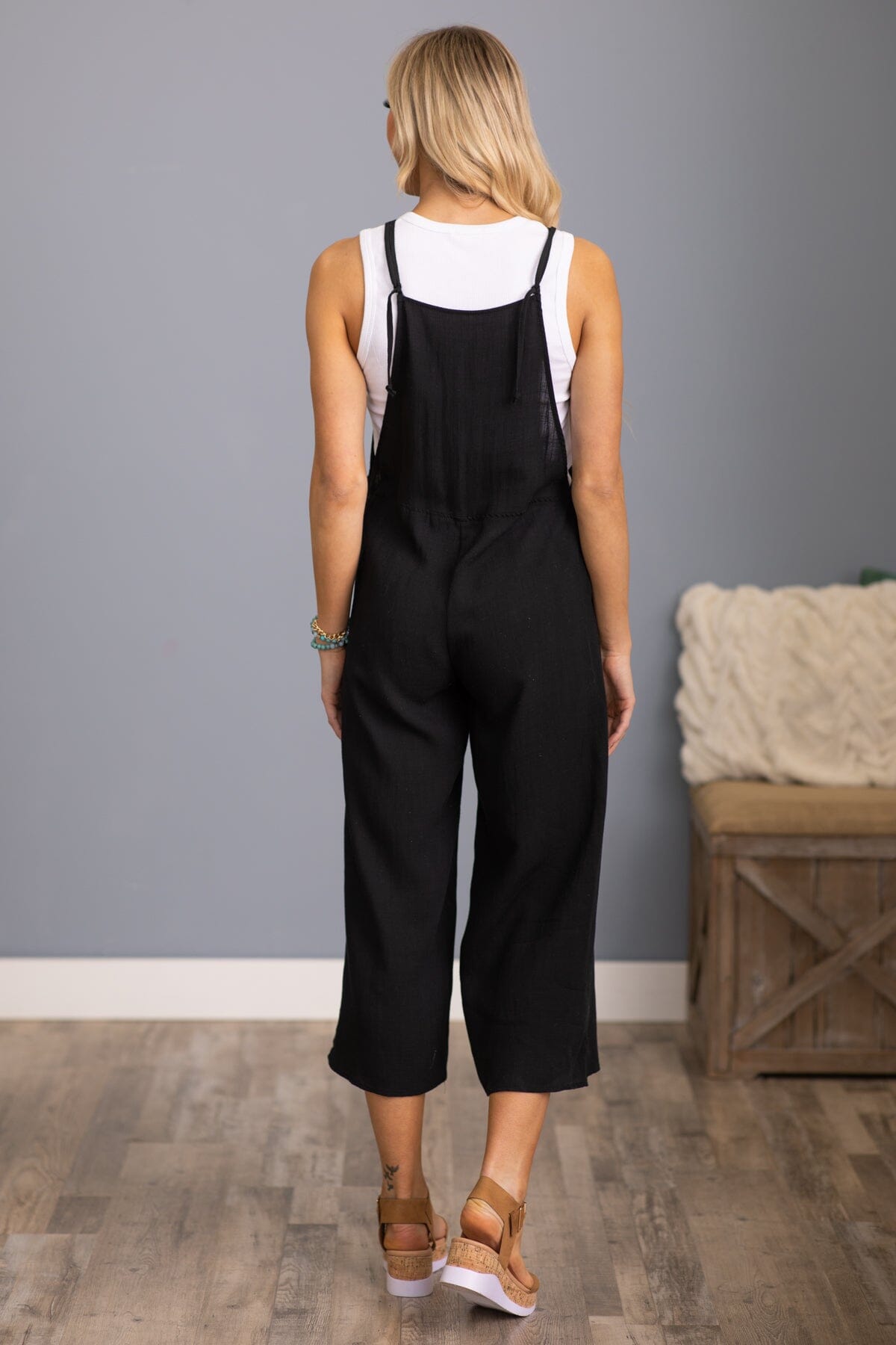 Black Wide Leg Tie Strap Overalls - Filly Flair