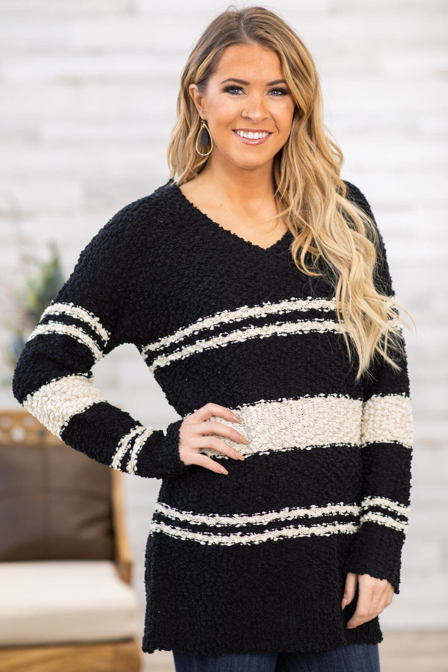 Black and Cream Stripe Popcorn Sweater - Filly Flair