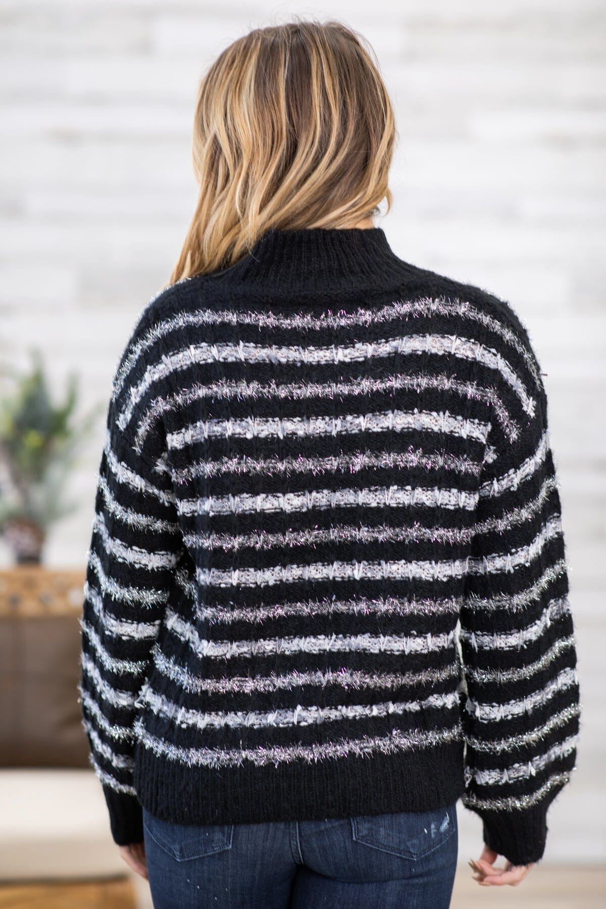Black and Grey Stripe Eyelash Sweater - Filly Flair