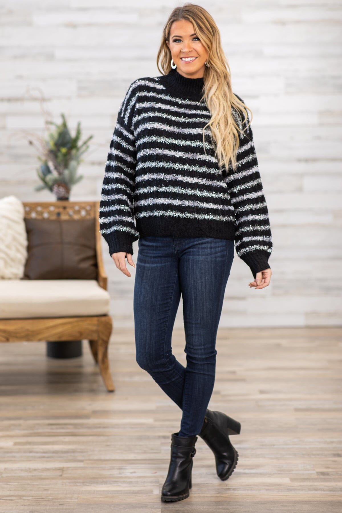 Black and Grey Stripe Eyelash Sweater - Filly Flair