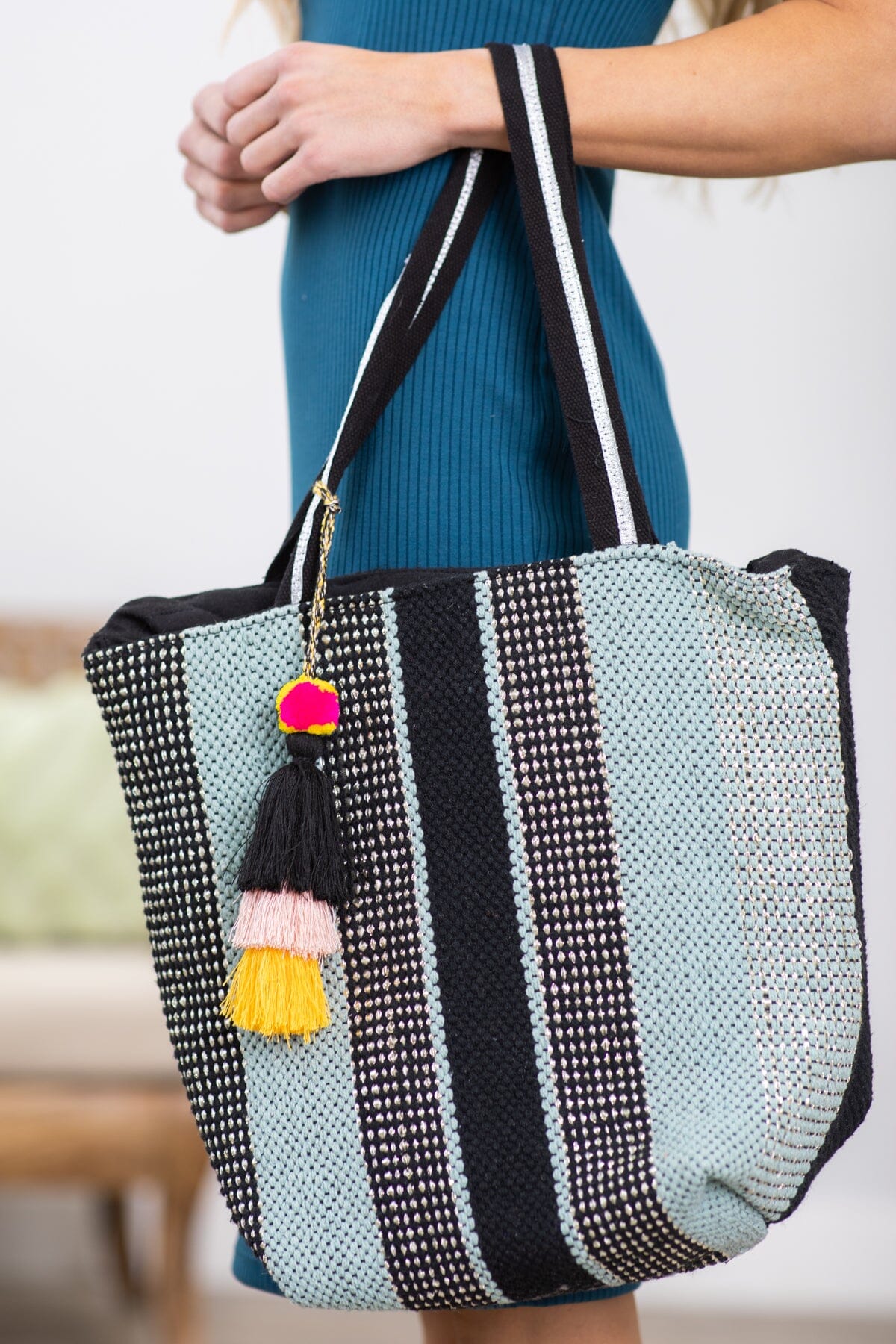 Black and Mint Woven Tote Bag with Tassel - Filly Flair