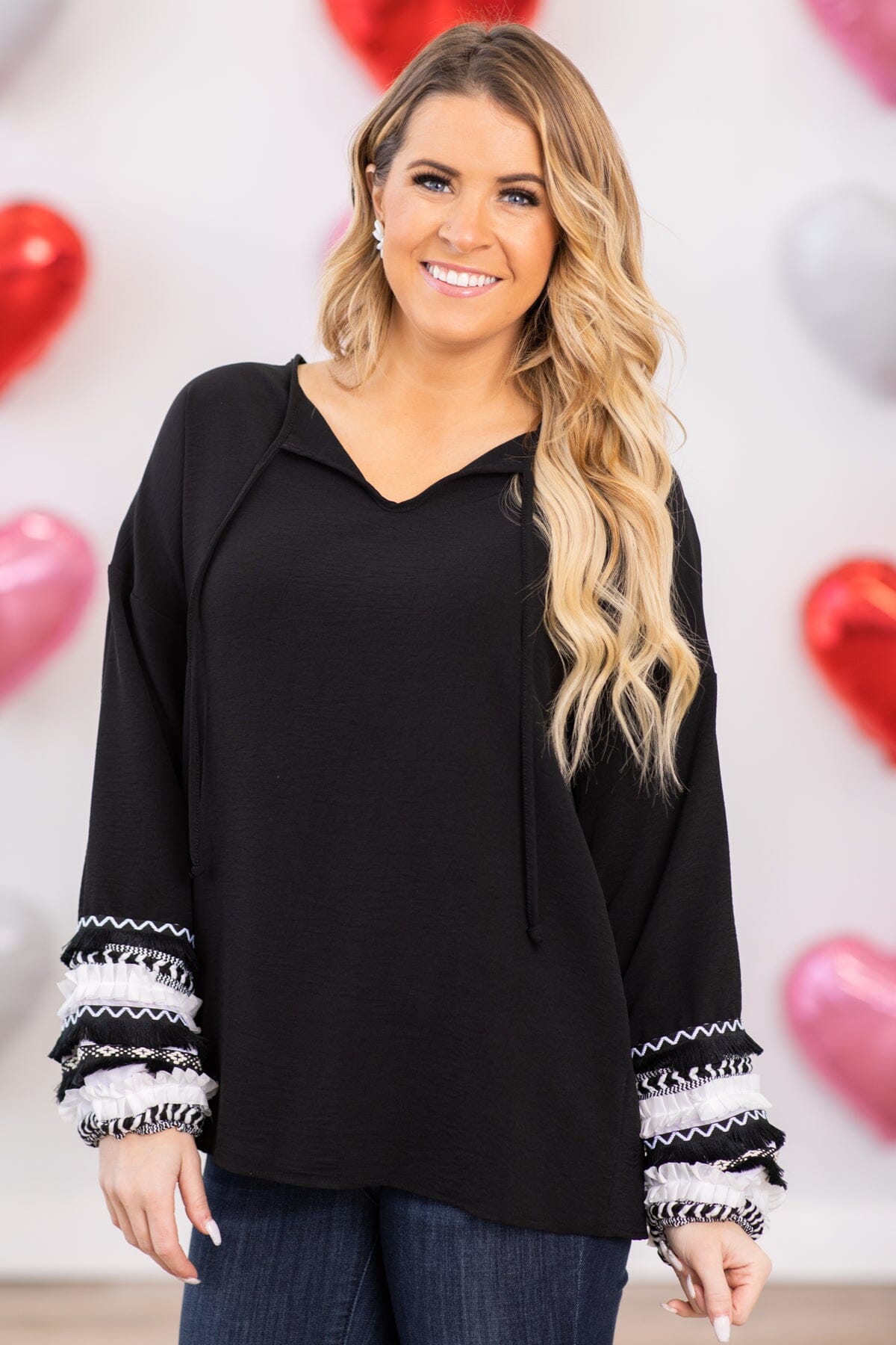 Black and Off White Balloon Sleeve Detail Top - Filly Flair