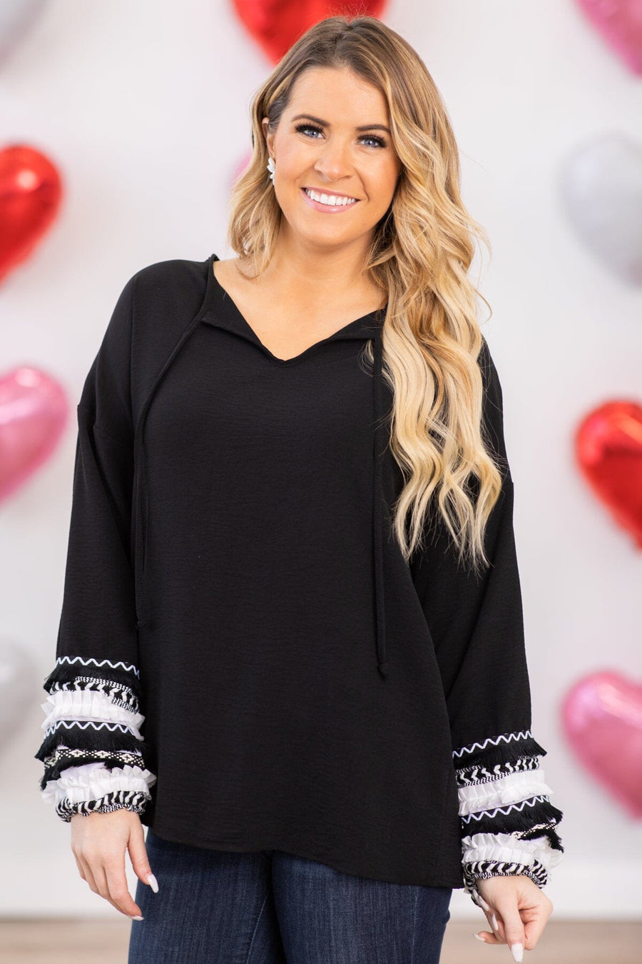 Black and Off White Balloon Sleeve Detail Top - Filly Flair