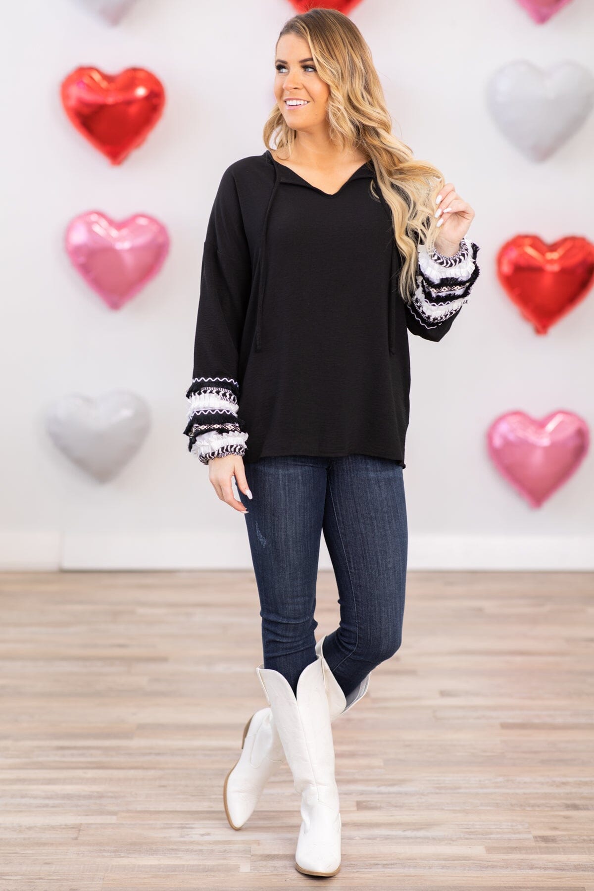 Black and Off White Balloon Sleeve Detail Top - Filly Flair