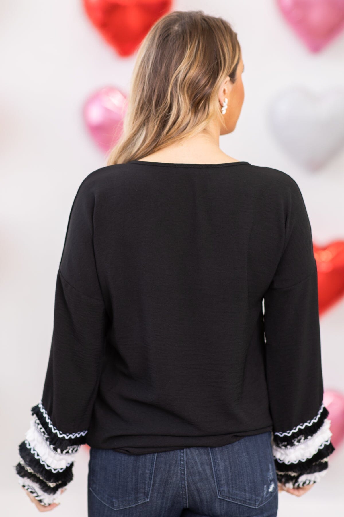 Black and Off White Balloon Sleeve Detail Top - Filly Flair