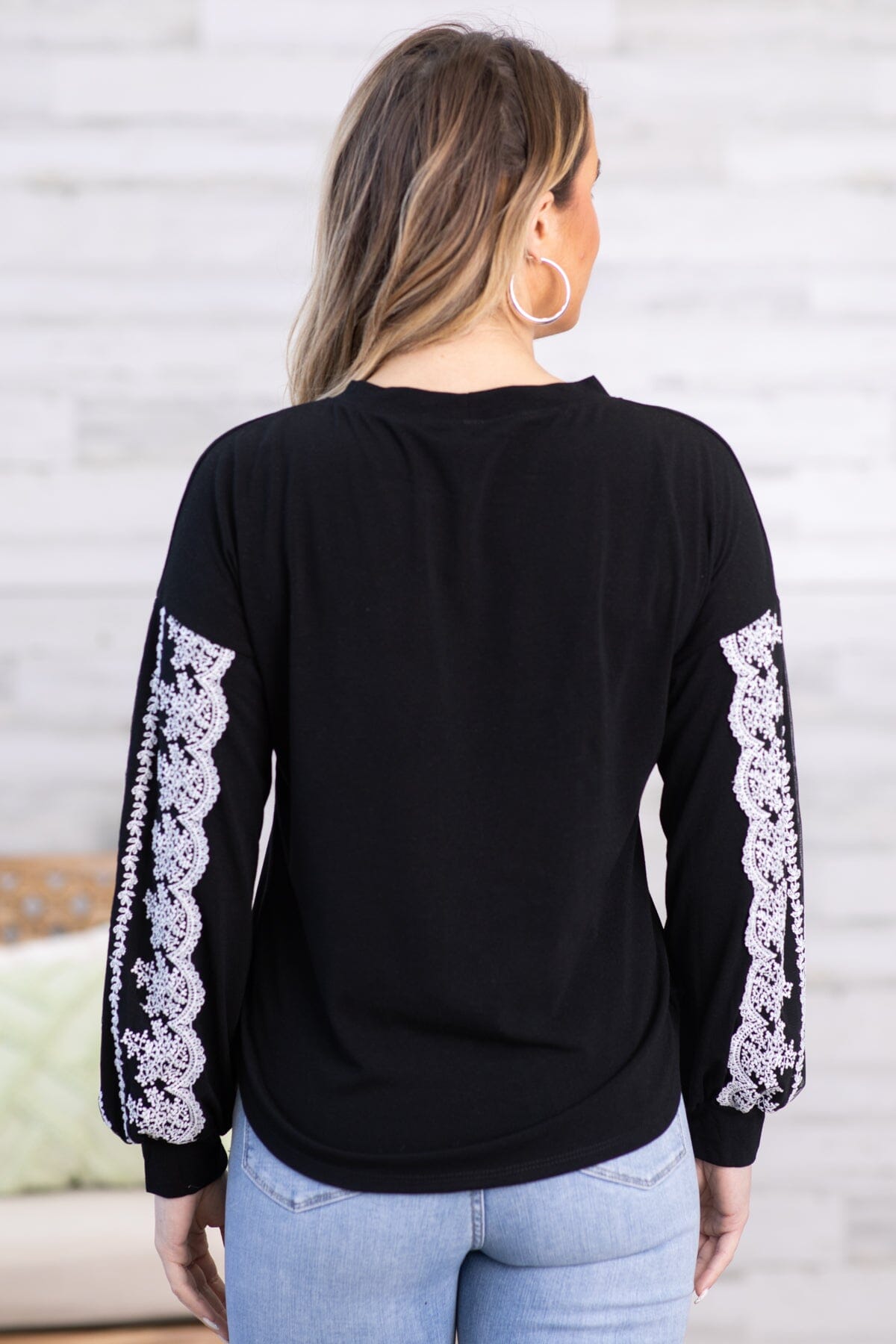 Black and White Lace Sleeve Detail Top - Filly Flair