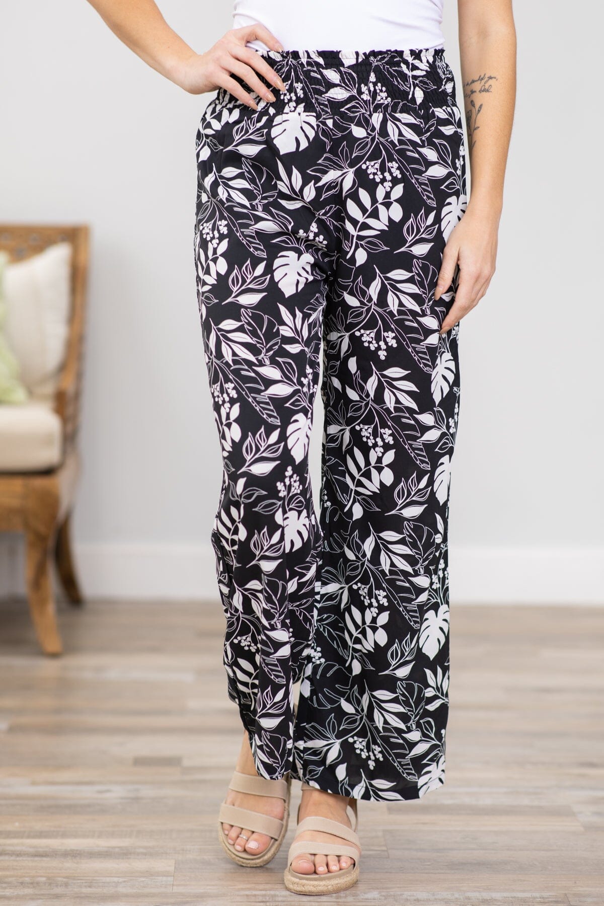 Black and White Leaf Print Wide Leg Pants - Filly Flair