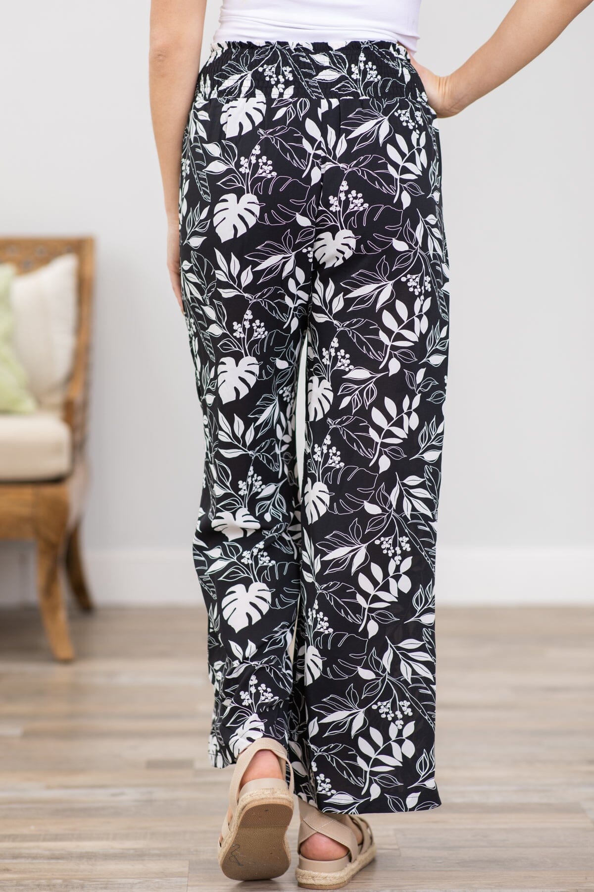 Black and White Leaf Print Wide Leg Pants - Filly Flair