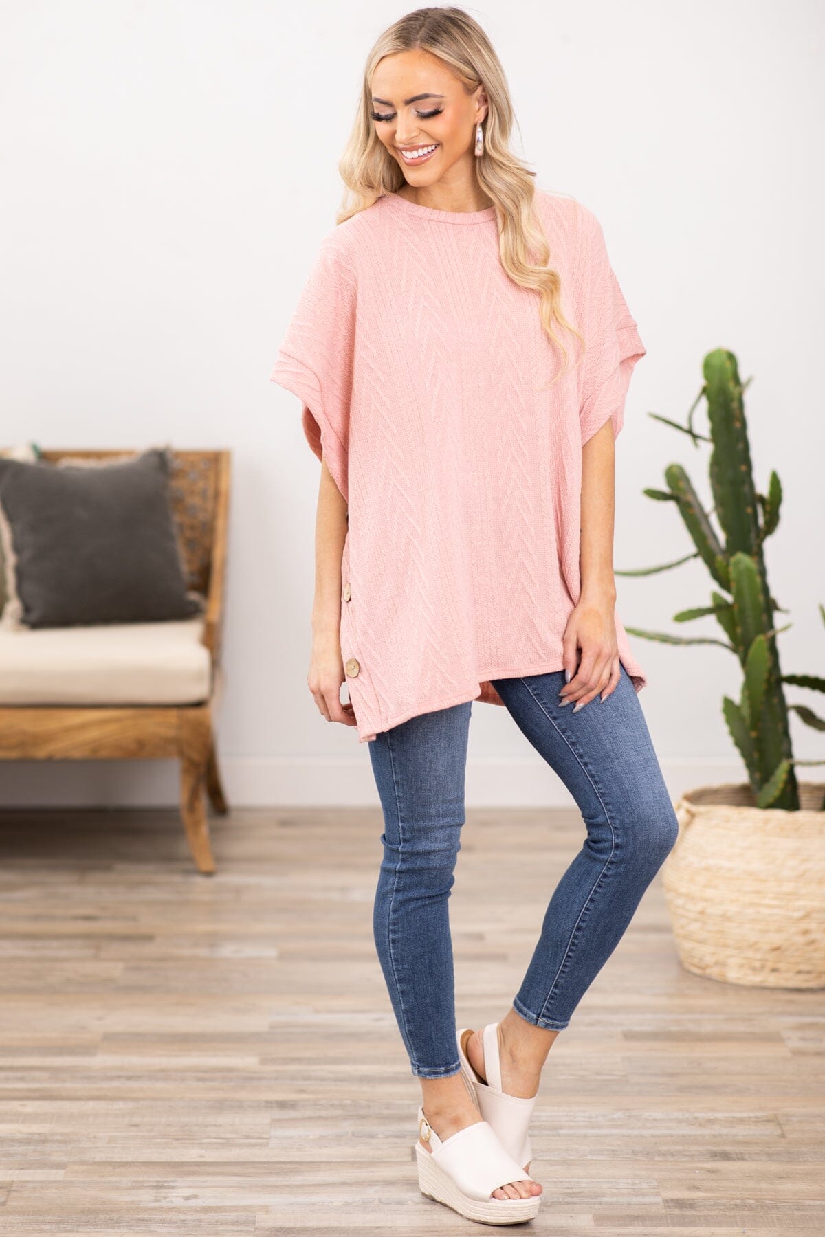 Blush Cable Knit Top With Button Detail - Filly Flair