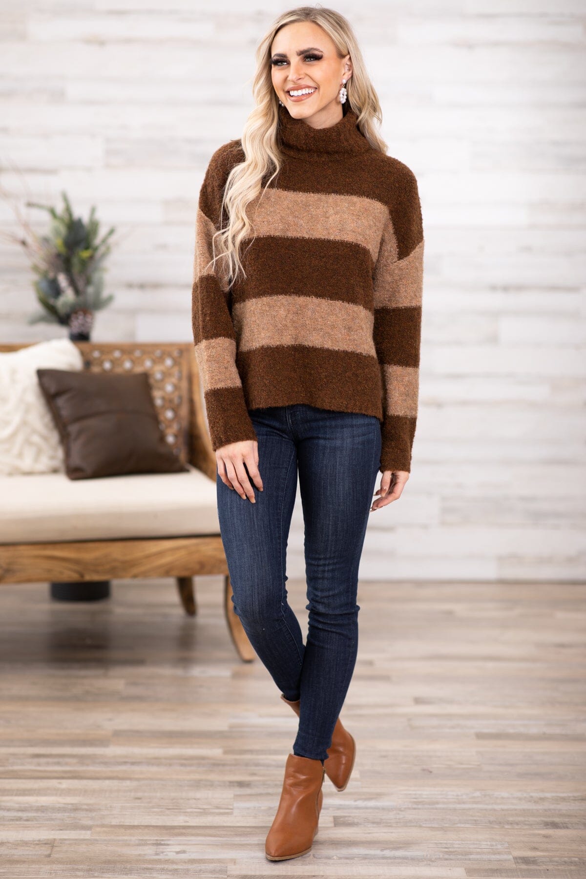 Brown and Tan Colorblock Turtleneck Sweater - Filly Flair