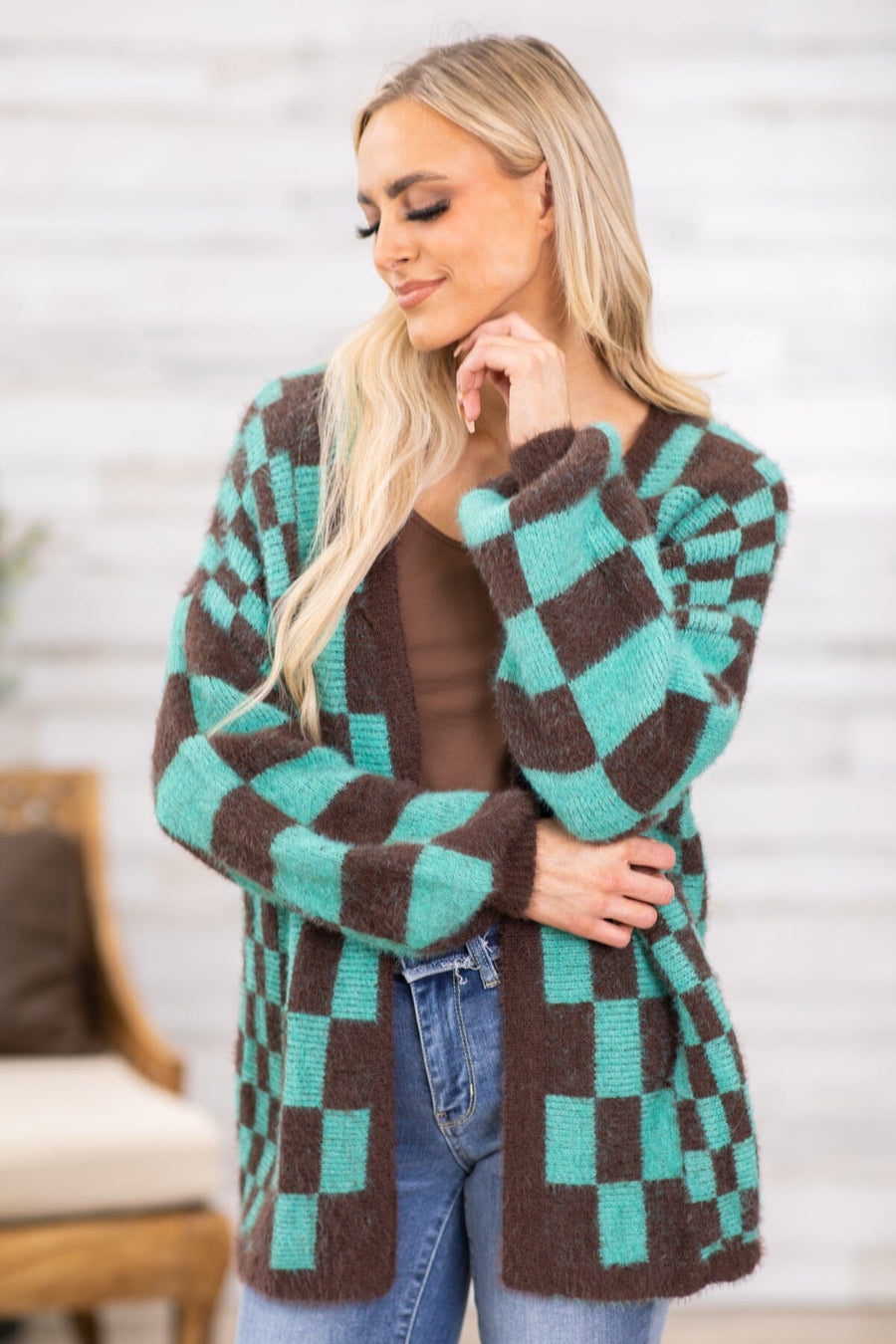Brown and Turquoise Checkerboard Cardigan - Filly Flair