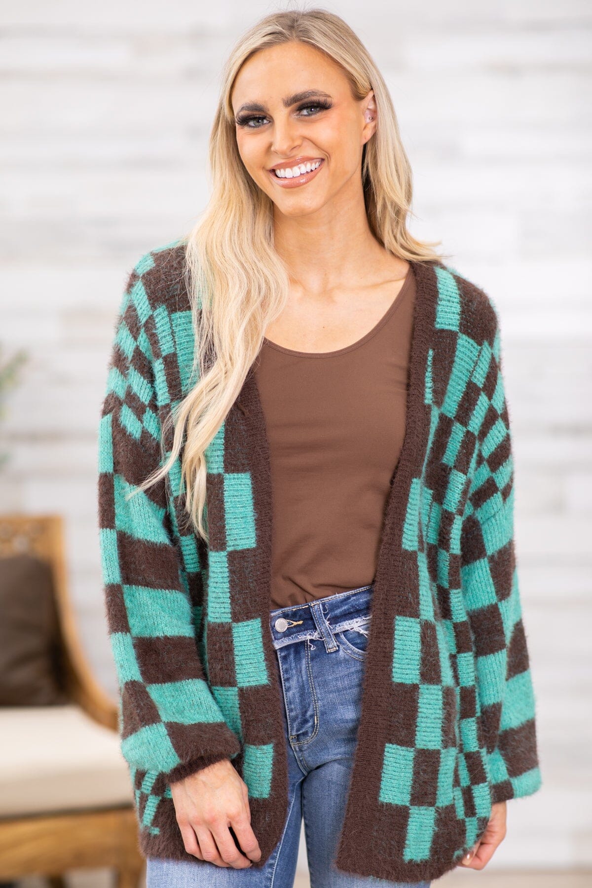 CHECKERED BROWN CARDIGAN – Crave Boutique