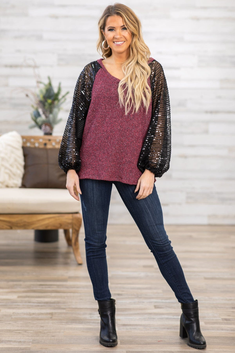 Burgundy and Black Sequin Sleeve Top - Filly Flair