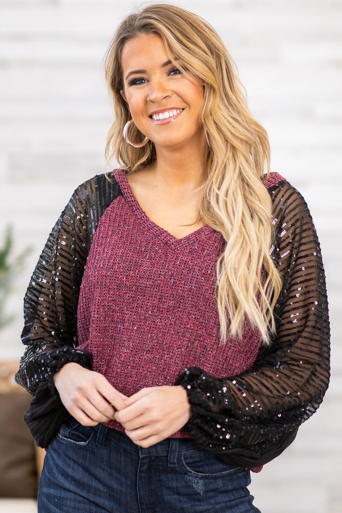 Burgundy and Black Sequin Sleeve Top - Filly Flair