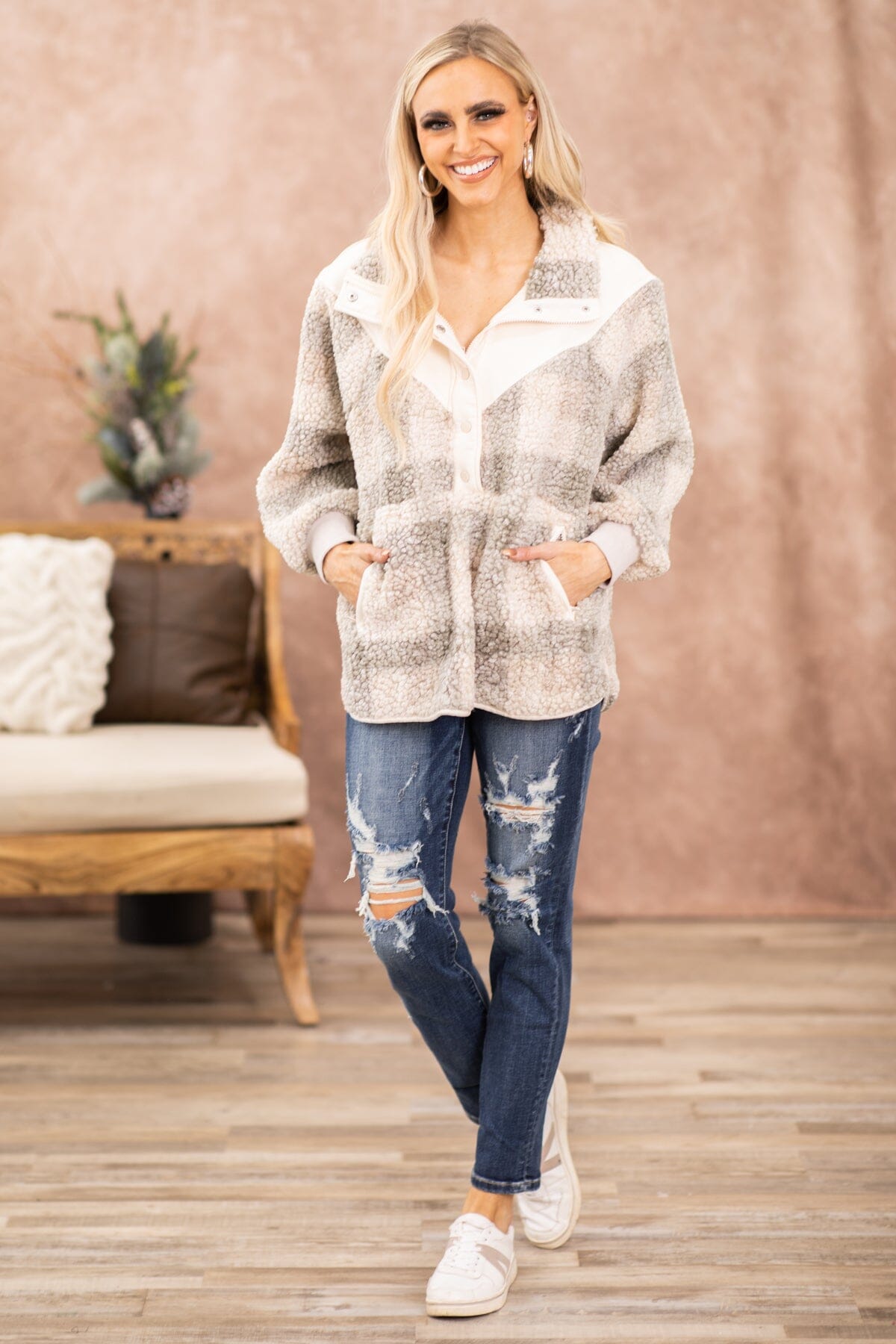 Cream Plaid Sherpa 1/4 Snap Pullover - Filly Flair
