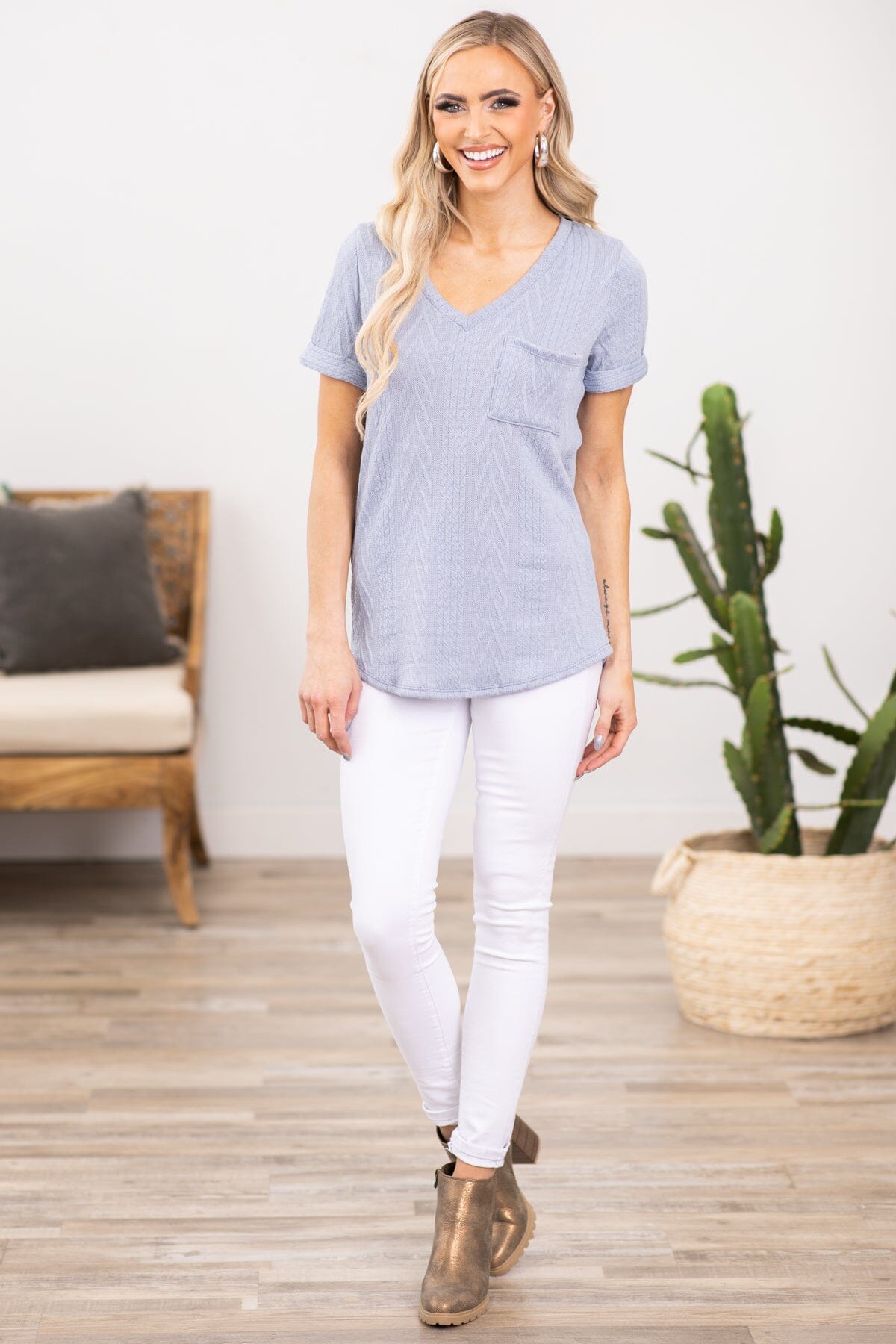 Dusty Blue Short Sleeve Tee With Pocket - Filly Flair
