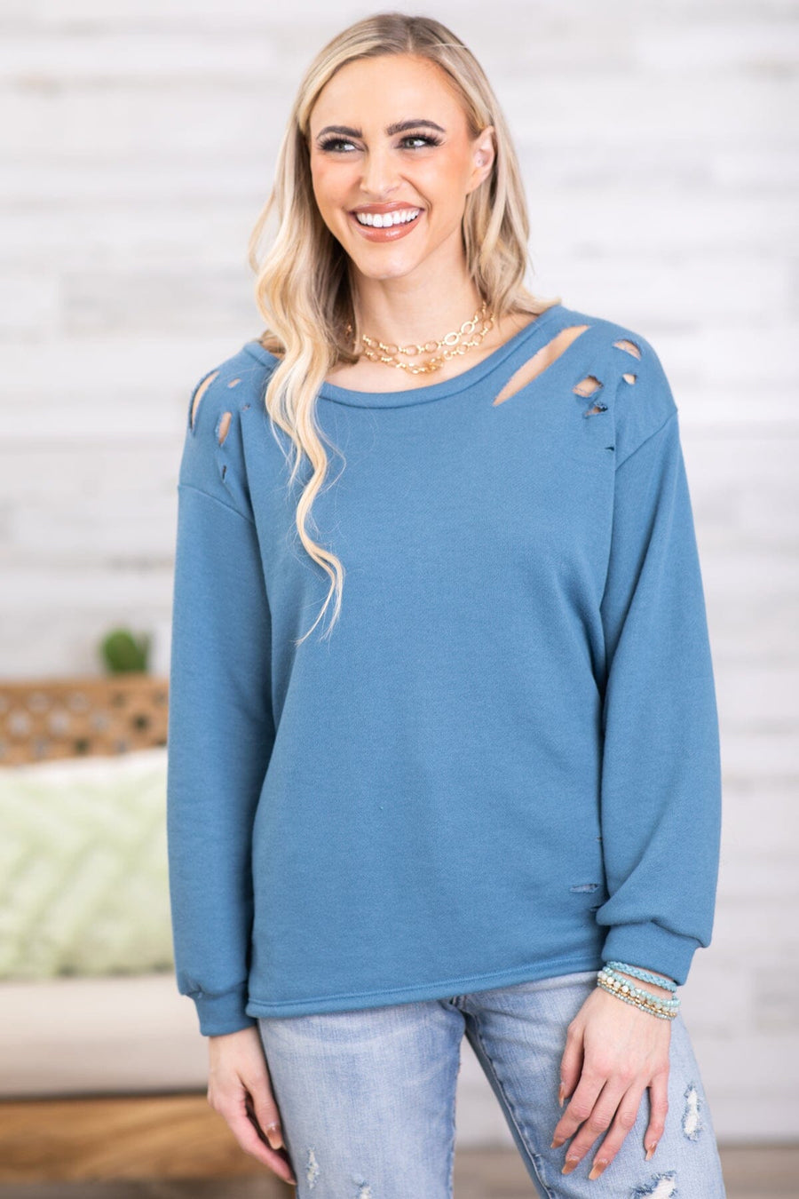 Dusty Blue Sweatshirt With Cutouts - Filly Flair