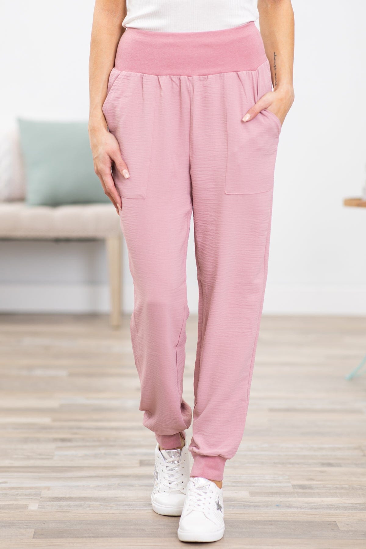 Dusty Rose Airflow Wide Waistband Joggers - Filly Flair