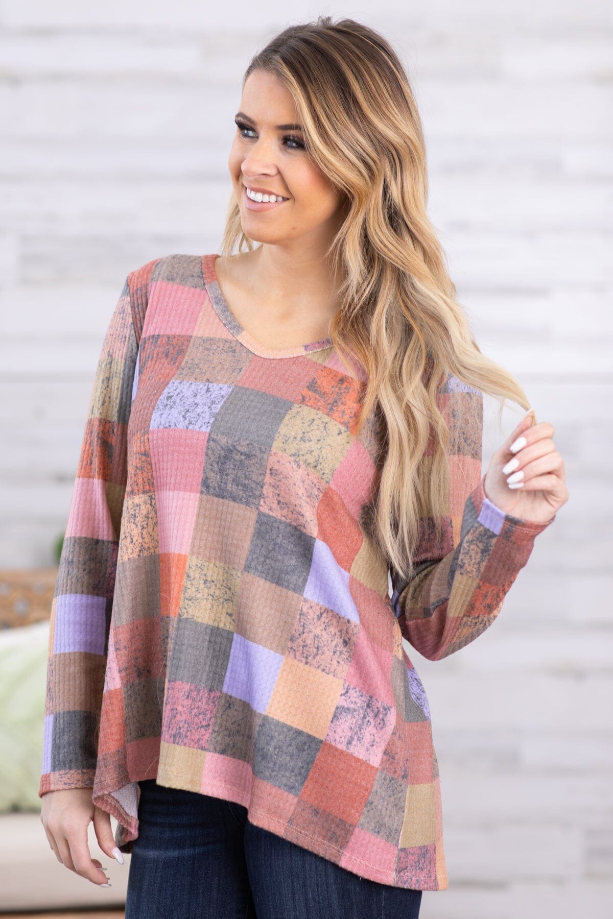Dusty Rose Multicolor Checkerboard Print Top - Filly Flair
