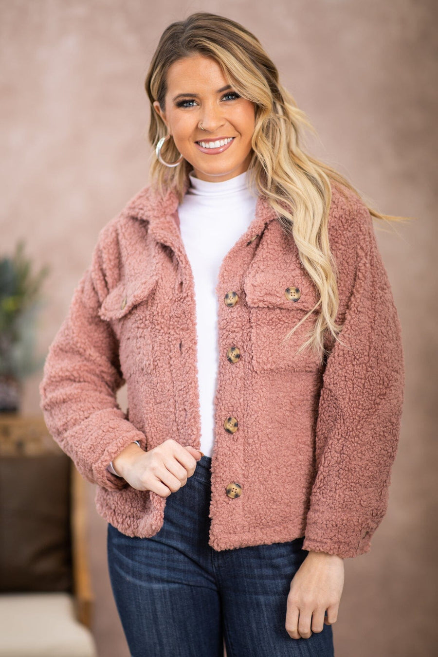 Dusty Rose Sherpa Jacket - Filly Flair