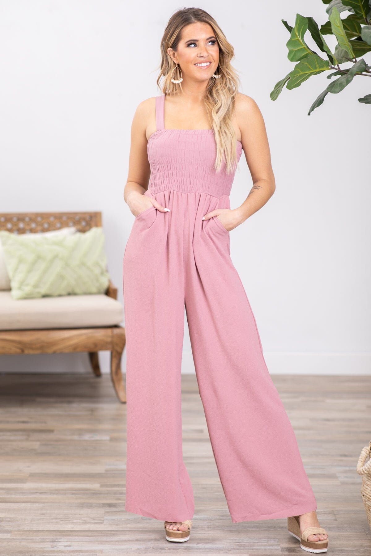 Dusty Rose Smocked Knit Bodice Jumpsuit - Filly Flair