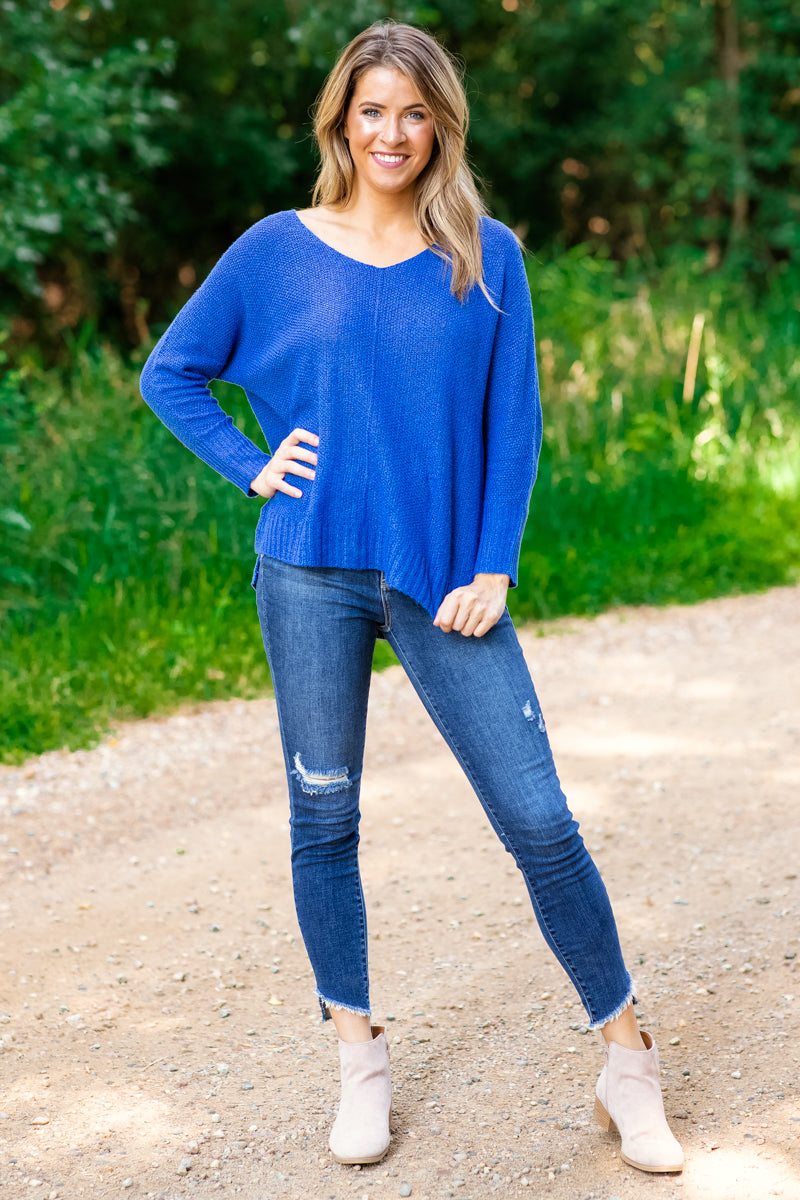 Royal Blue V-Neck Lightweight Sweater - Filly Flair