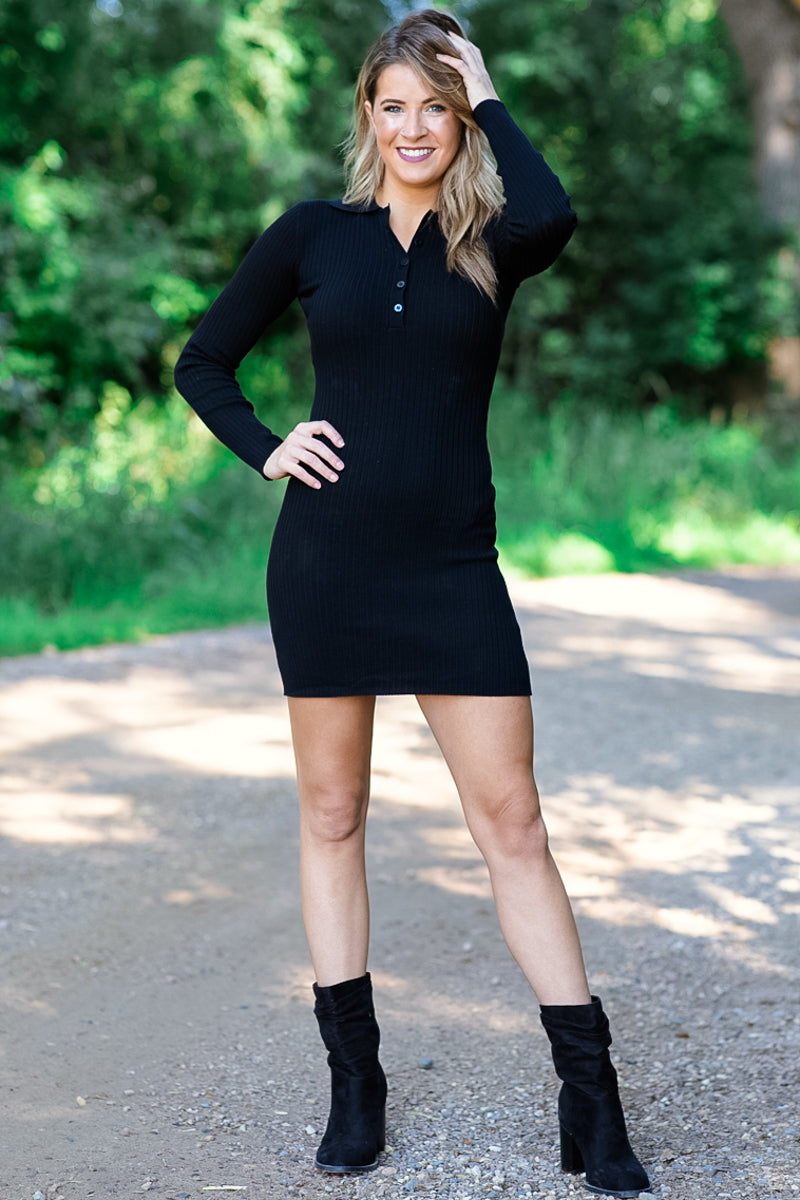 Black Long Sleeve Rib Knit Dress - Filly Flair