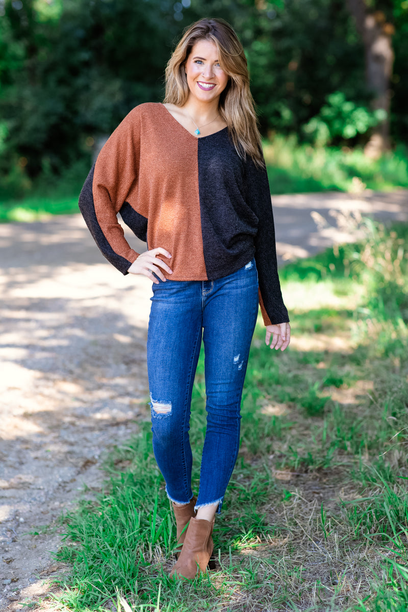 Cognac and Black Colorblock V-Neck Sweater - Filly Flair