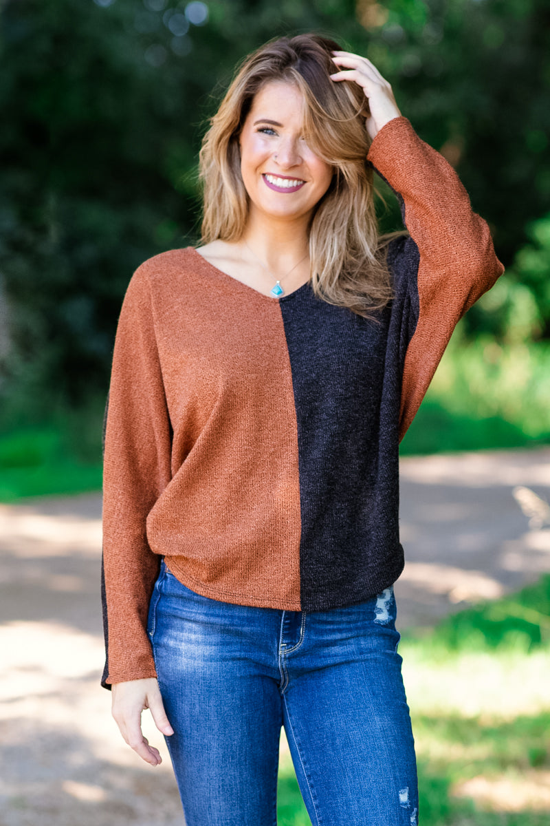Cognac and Black Colorblock V-Neck Sweater - Filly Flair