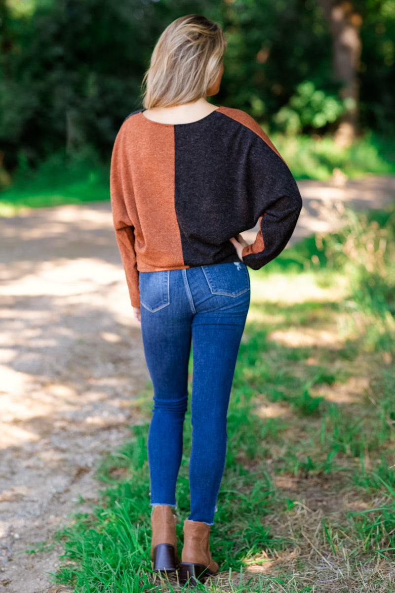 Cognac and Black Colorblock V-Neck Sweater - Filly Flair