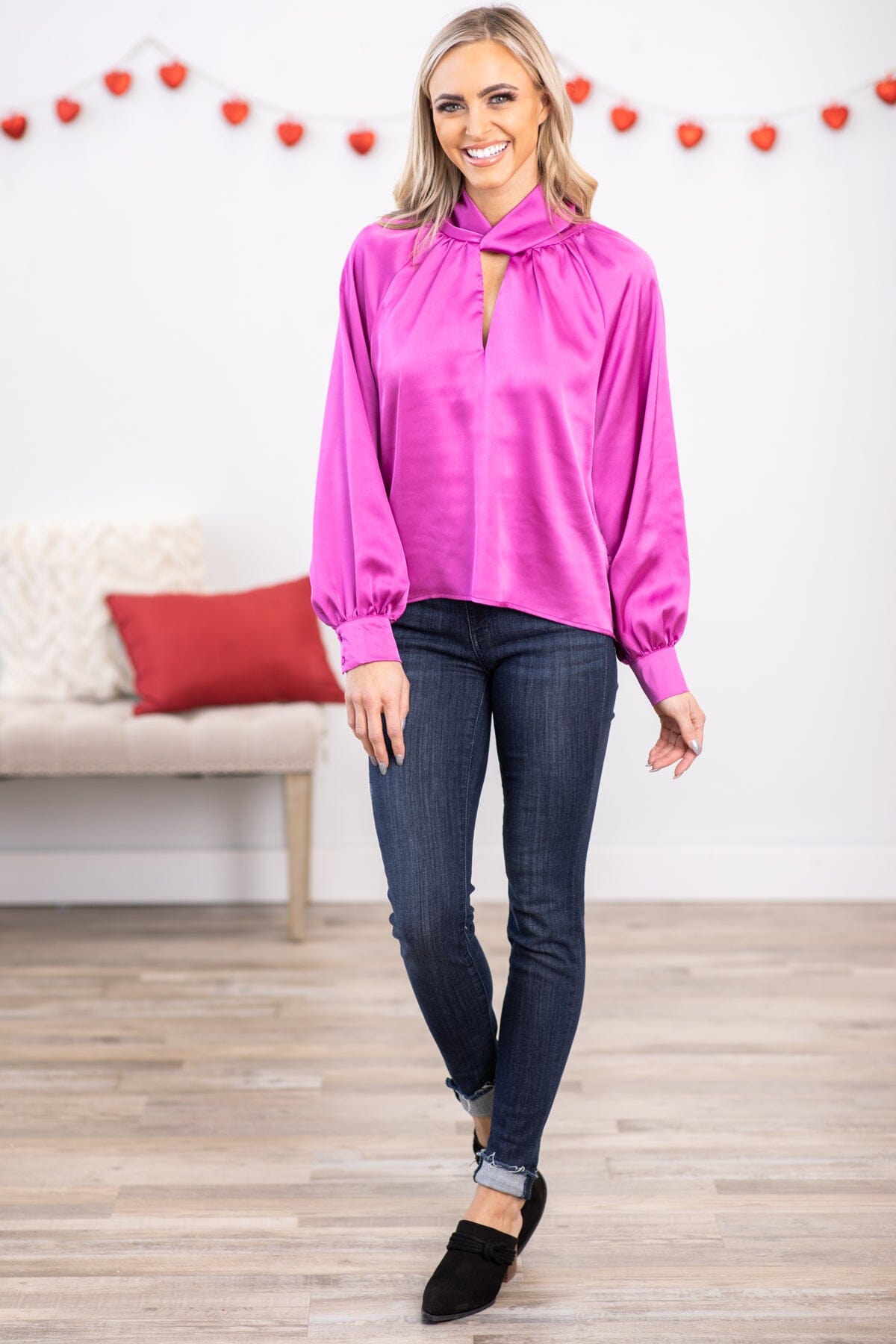 Fuchsia Mock Neck Top With Keyhole - Filly Flair
