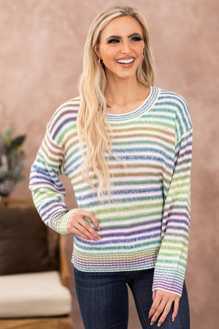 Green Multicolor Ombre Stripe Sweater - Filly Flair