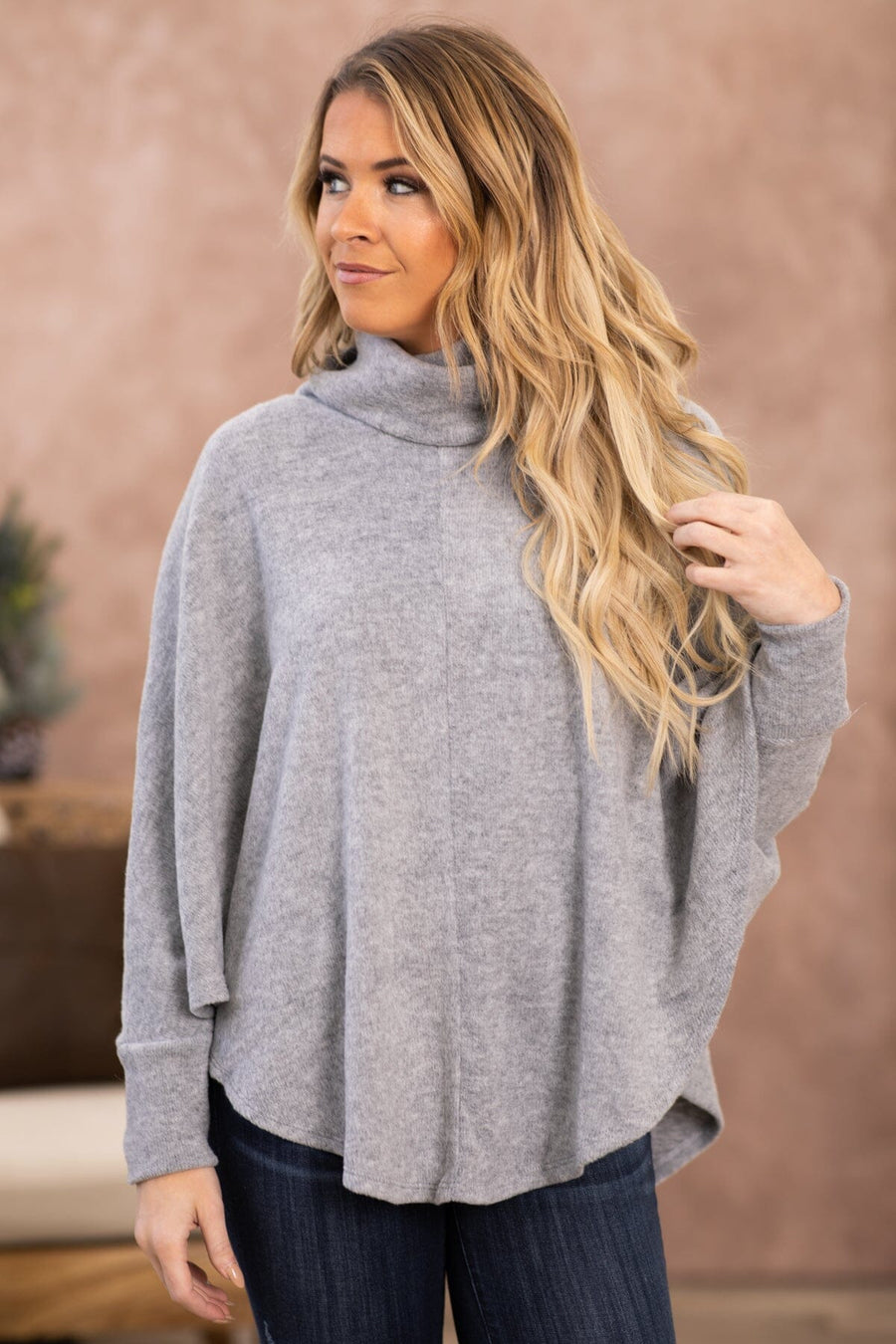 Grey Round Hem Turtleneck Dolman Sleeve Top - Filly Flair