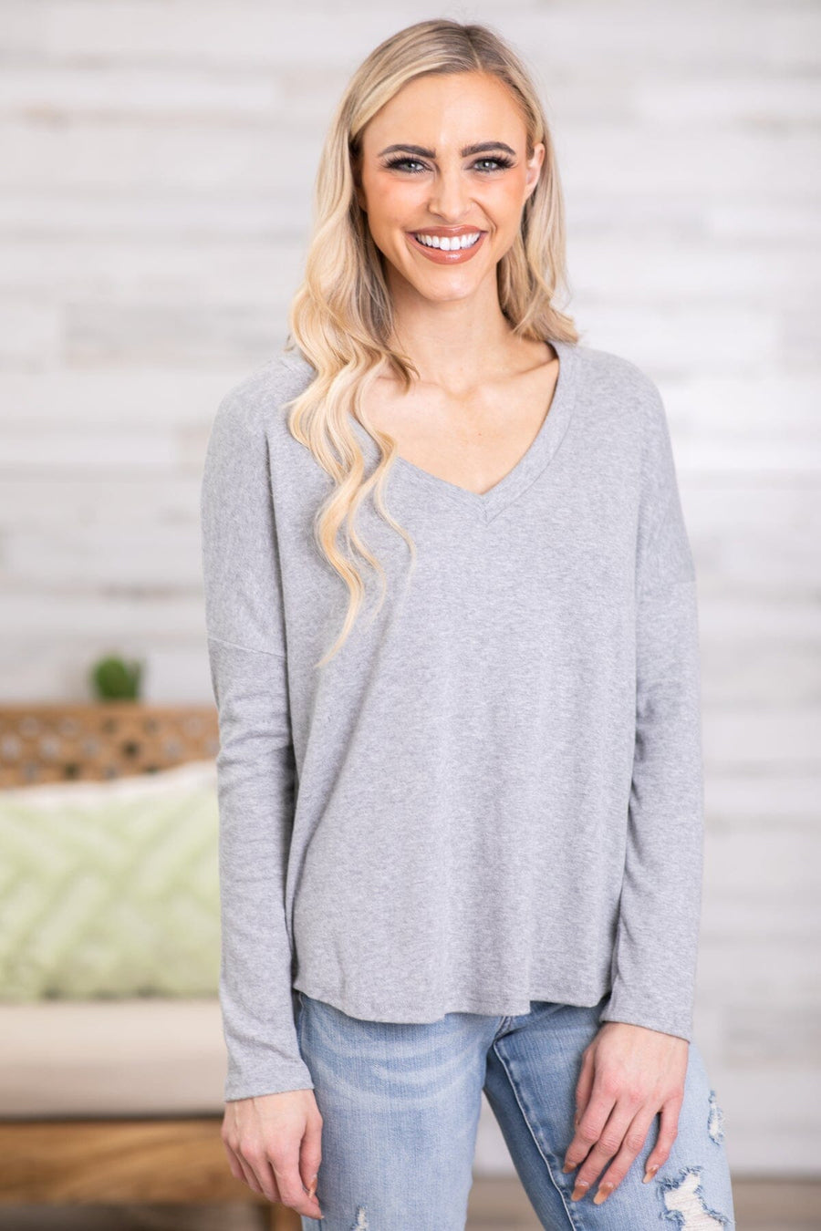 Grey V-Neck Long Sleeve Top - Filly Flair