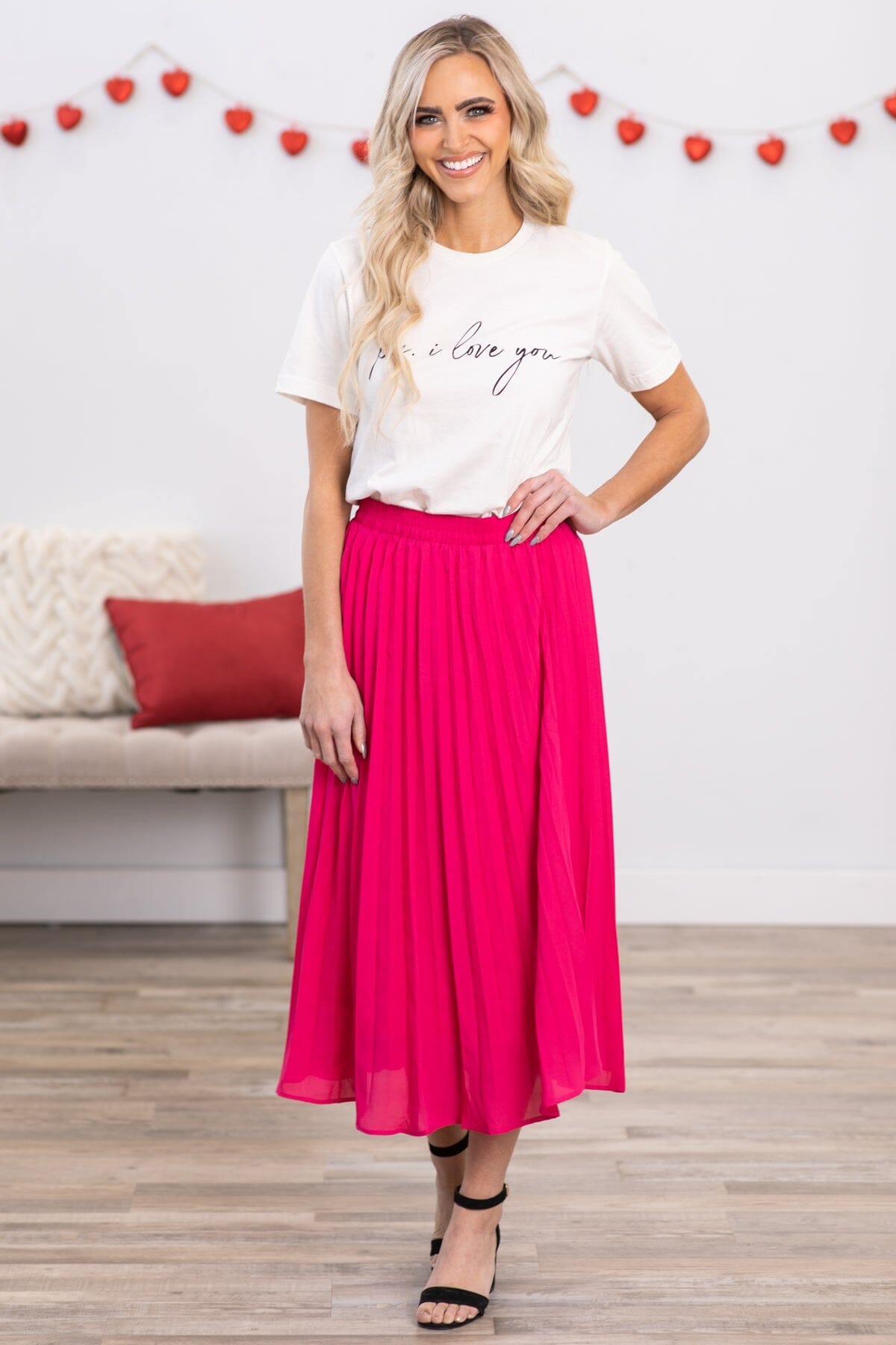 Hot Pink Accordion Pleat Midi Skirt - Filly Flair