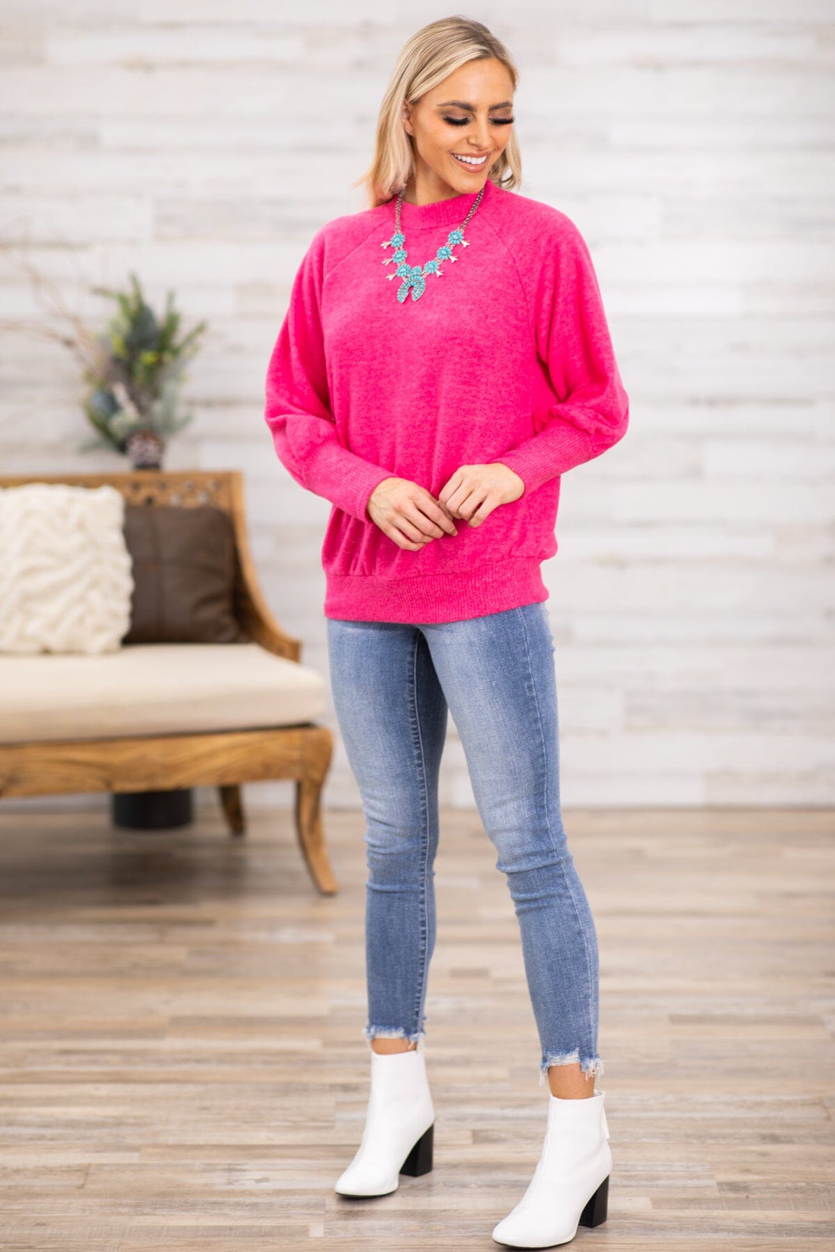 Hot Pink Banded Hem Balloon Sleeve Top - Filly Flair